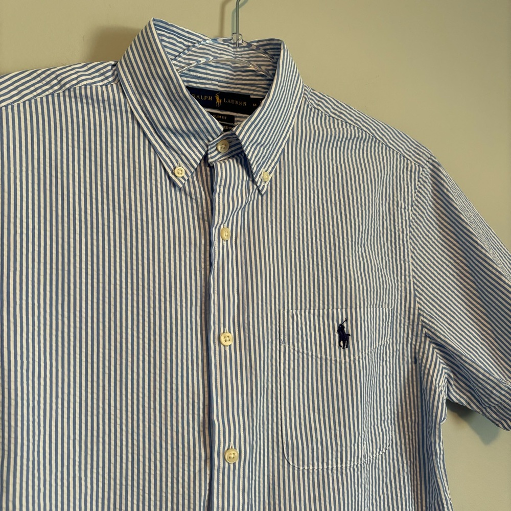 Ralph Lauren RL Untucked Fit Seer Sucker Blue White Short Sleeve Button Down M